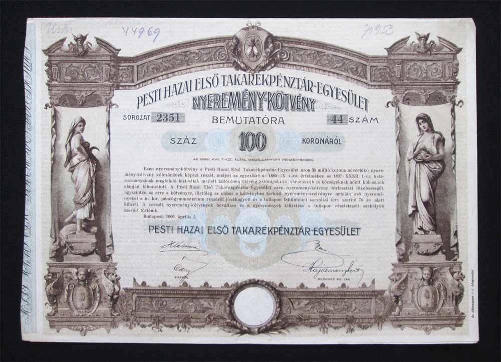Pesti Hazai Els Takarkpnztr Nyeremnyktvny 100 korona 1906